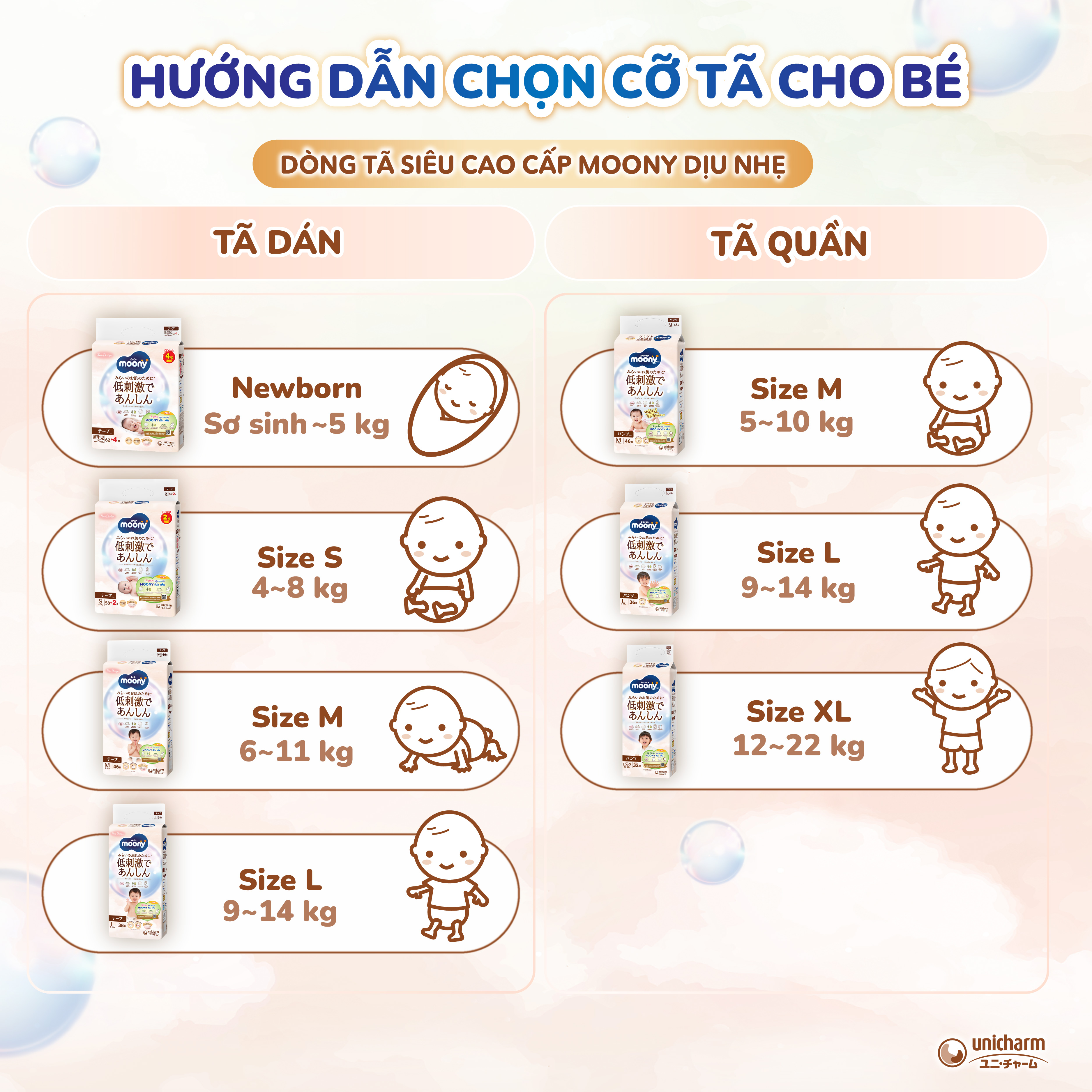 Tã / bỉm Moony Natural mềm mại cho bé  NB / S / M / L / XL / XXL