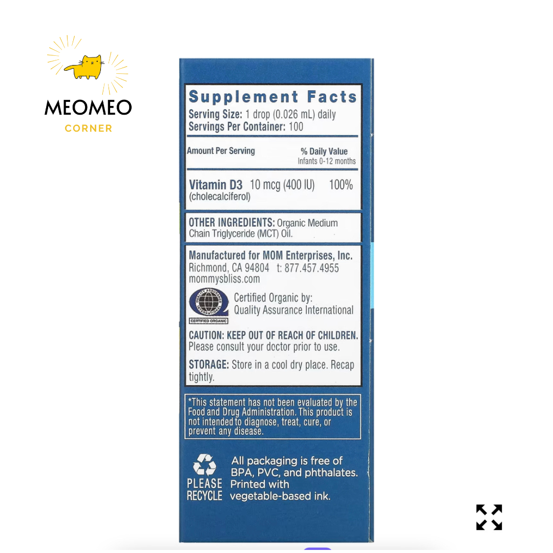 Vitamin D Organic Mommy's Bliss D3 hữu cơ 400IU Cho Bé Từ Sơ Sinh, 3.24ml