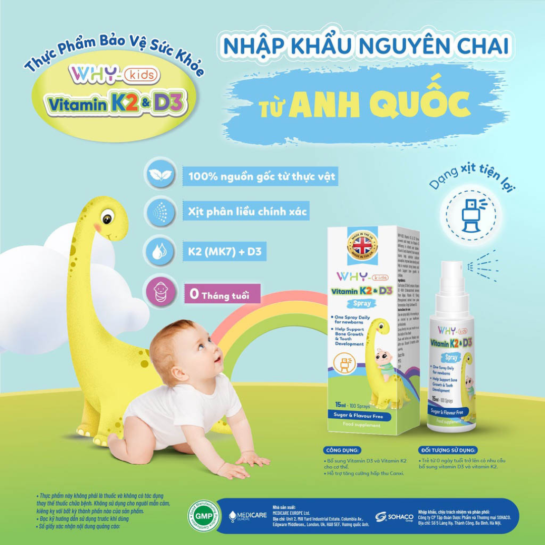 Vitamin K2 & D3 Why Kids Spray bổ sung Vitamin D3 và K2 Dạng Xịt cho bé từ sơ sinh 15ml