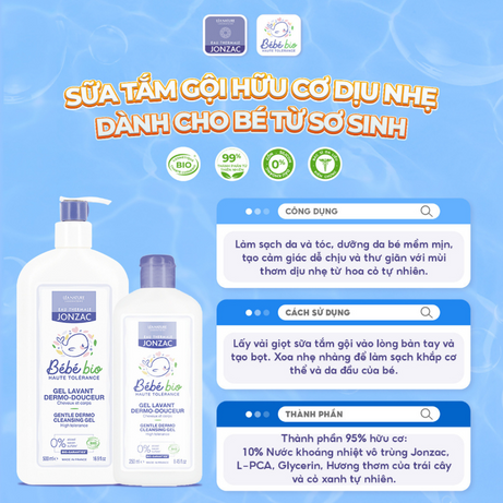 Sữa Tắm Gội Hữu Cơ Dịu Nhẹ Eau Thermale Jonzac Bébé Bio Gel lavant Cleansing Gel 500ml cho bé