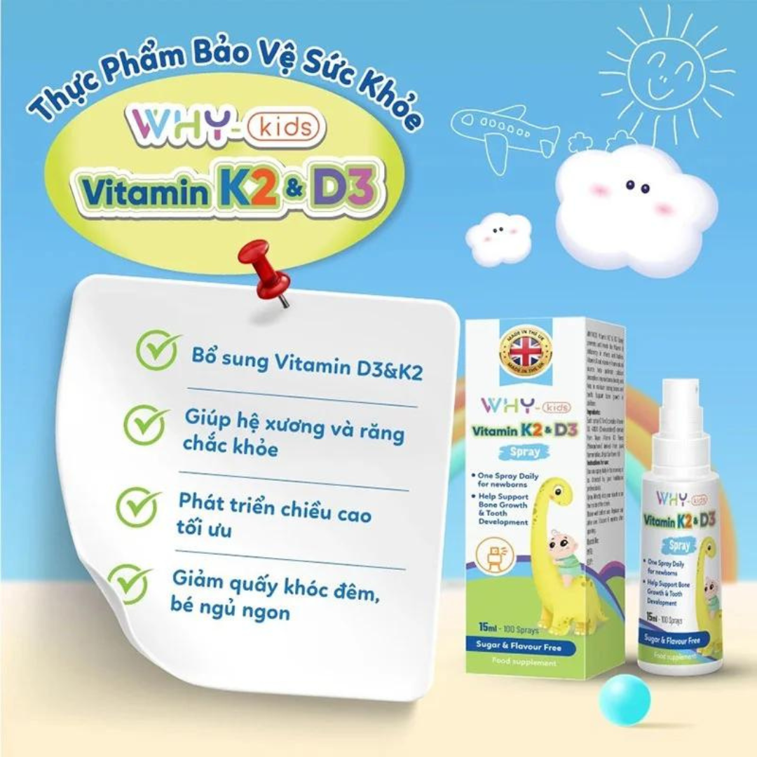Vitamin K2 & D3 Why Kids Spray bổ sung Vitamin D3 và K2 Dạng Xịt cho bé từ sơ sinh 15ml