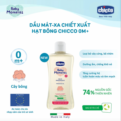 Dầu mát-xa chiết xuất Hạt bông Chicco dành cho bé từ sơ sinh 200ml