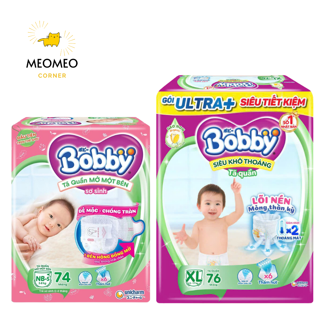 Tã / bỉm quần Mở Một Bên Bobby thiết kế dễ mặc cho bé sơ sinh NB-S / Bỉm quần siêu khô thoáng Bobby Ultra+ Gạo Non M L XL XXL