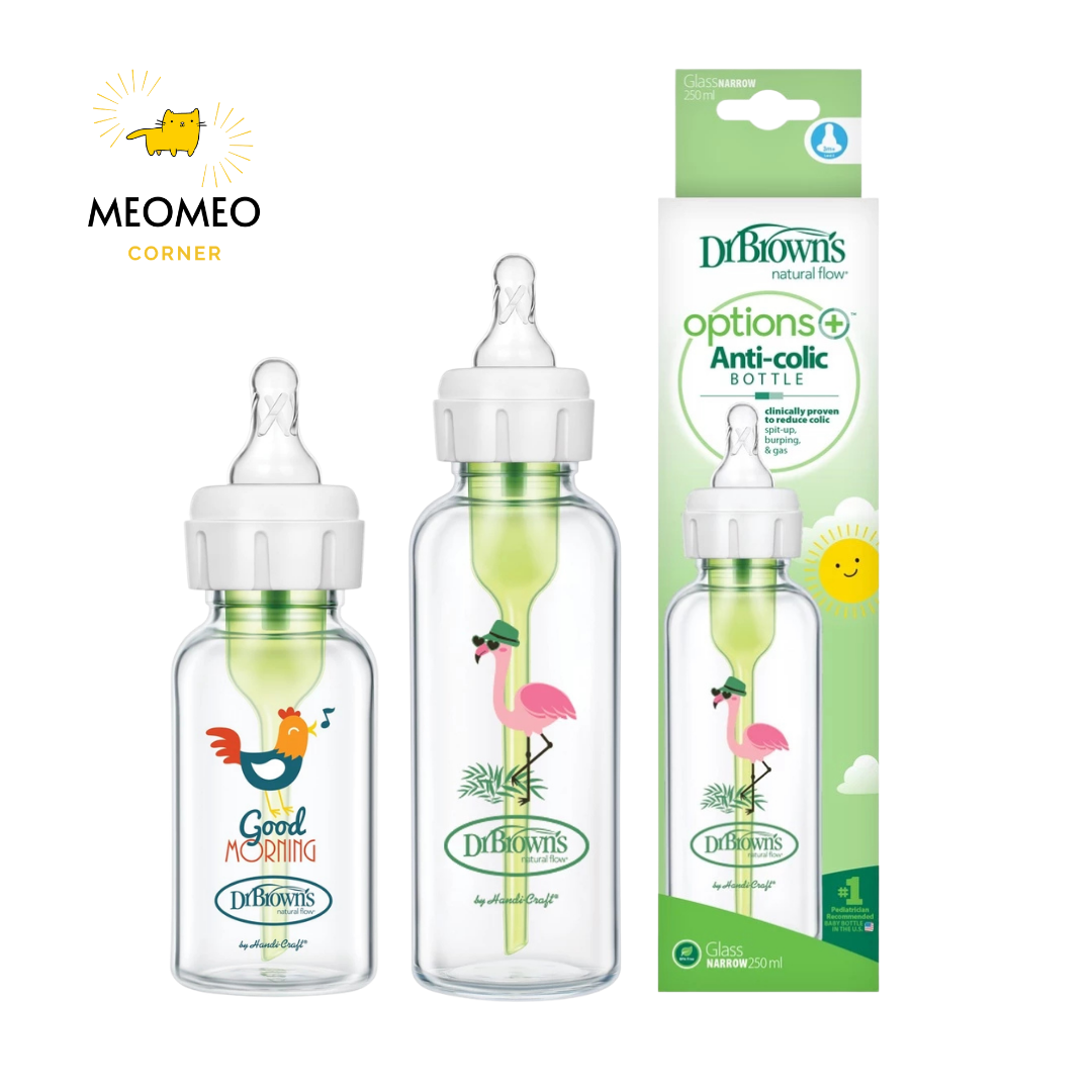 Bình sữa hoạ tiết thuỷ tinh Dr.Brown's Option Plus cổ hẹp