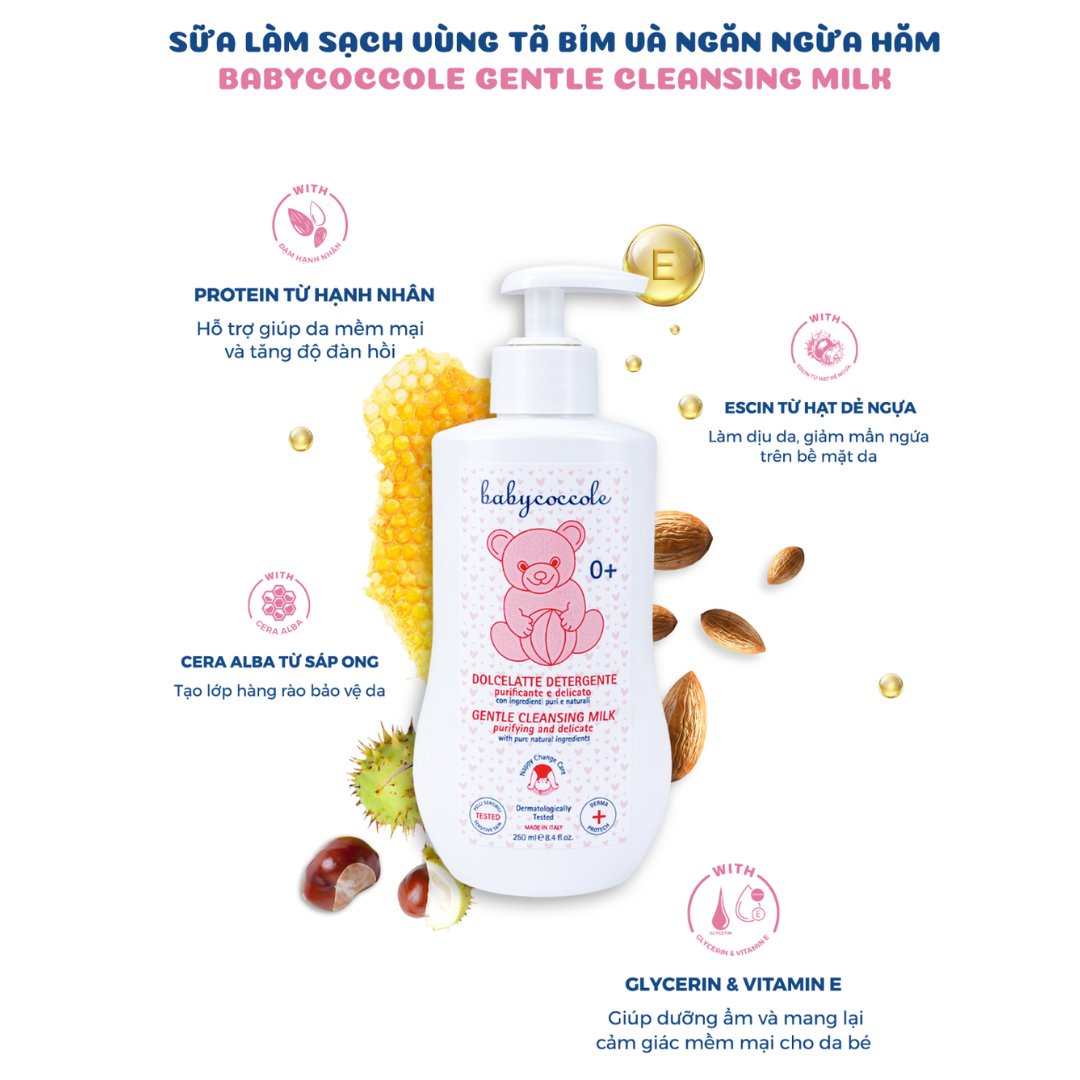 Sữa làm sạch vùng tã bỉm và ngăn ngừa hăm BabyCoccole GENTLE CLEANSING MILK 250ml