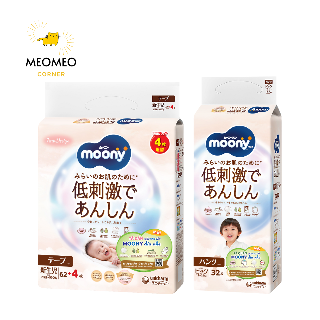 Tã / bỉm Moony Natural mềm mại cho bé  NB / S / M / L / XL / XXL