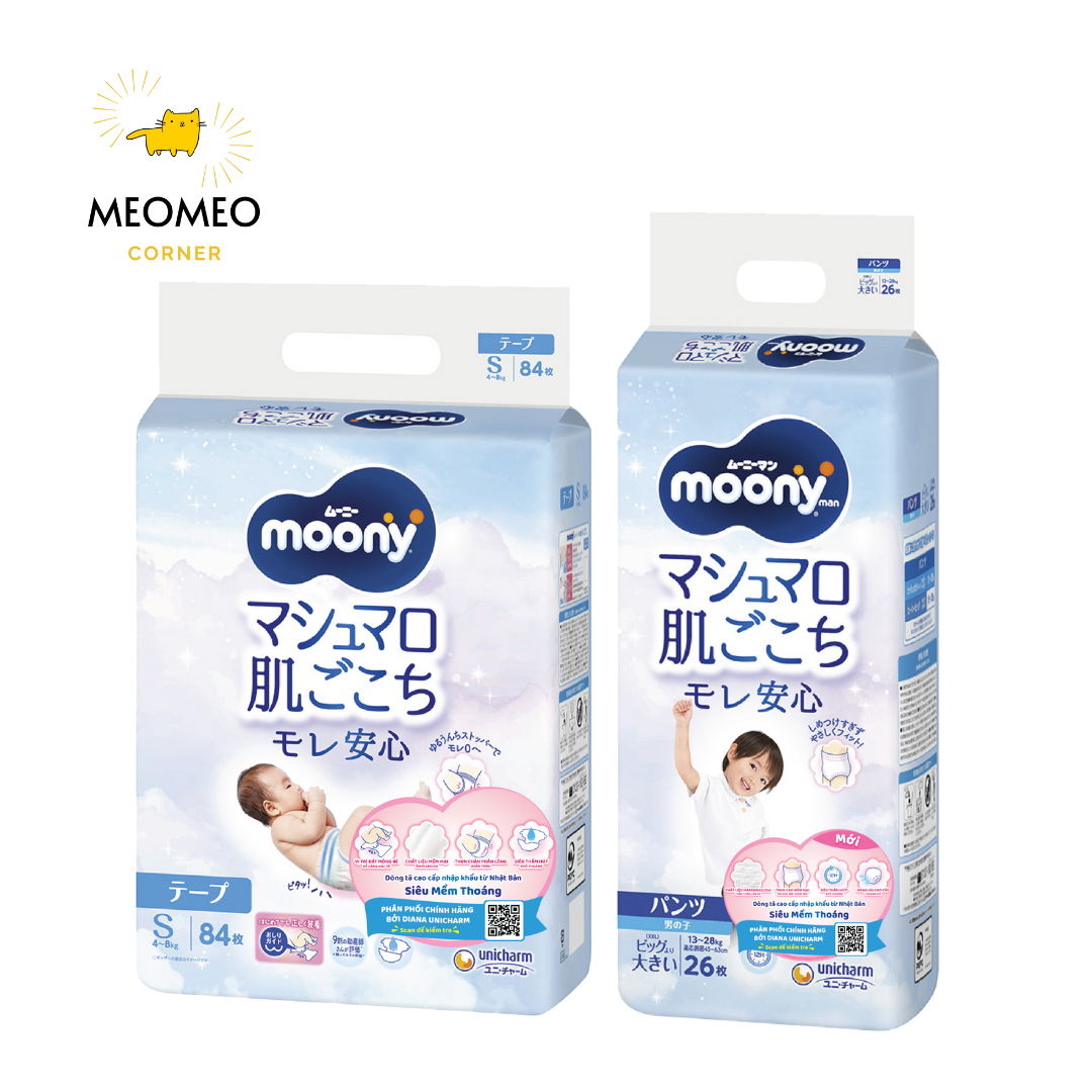 Tã / bỉm Moony Blue khô thoáng cho bé  NB / S / M / L / XL / XXL