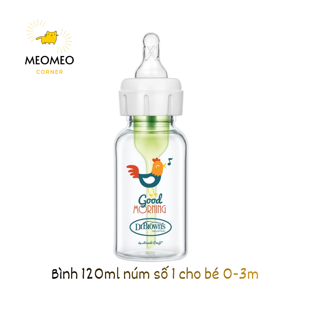 Bình sữa hoạ tiết thuỷ tinh Dr.Brown's Option Plus cổ hẹp