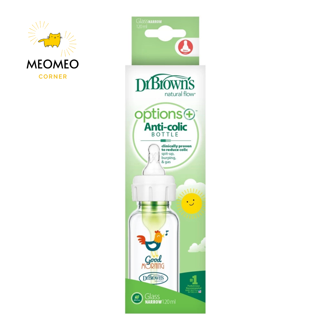 Bình sữa hoạ tiết thuỷ tinh Dr.Brown's Option Plus cổ hẹp