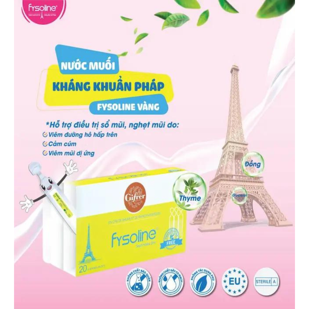 Nước muối sinh lý kháng khuẩn Pháp Fysoline Septinasal - hỗ trợ giảm viêm mũi, sổ mũi - Muối vàng