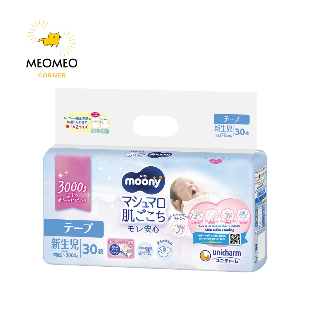 Tã / bỉm Moony Blue khô thoáng cho bé  NB / S / M / L / XL / XXL
