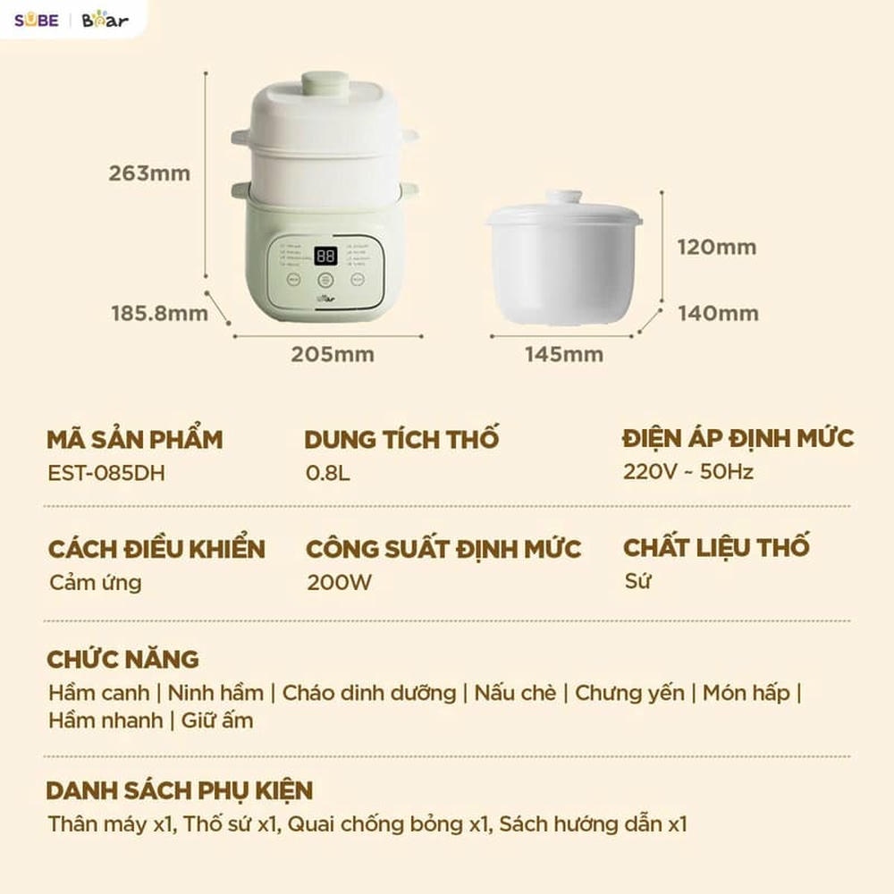 Nồi nấu chậm đa năng 0.8L Bear EST- 085DH