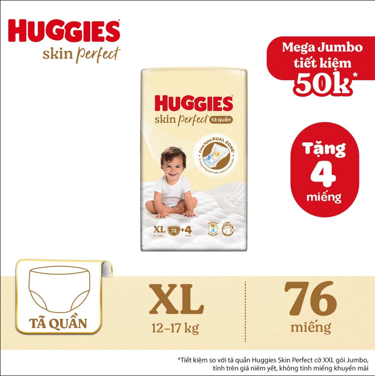 Tã bỉm quần Huggies Skin Perfect 2 vùng thấm M L XL XXL