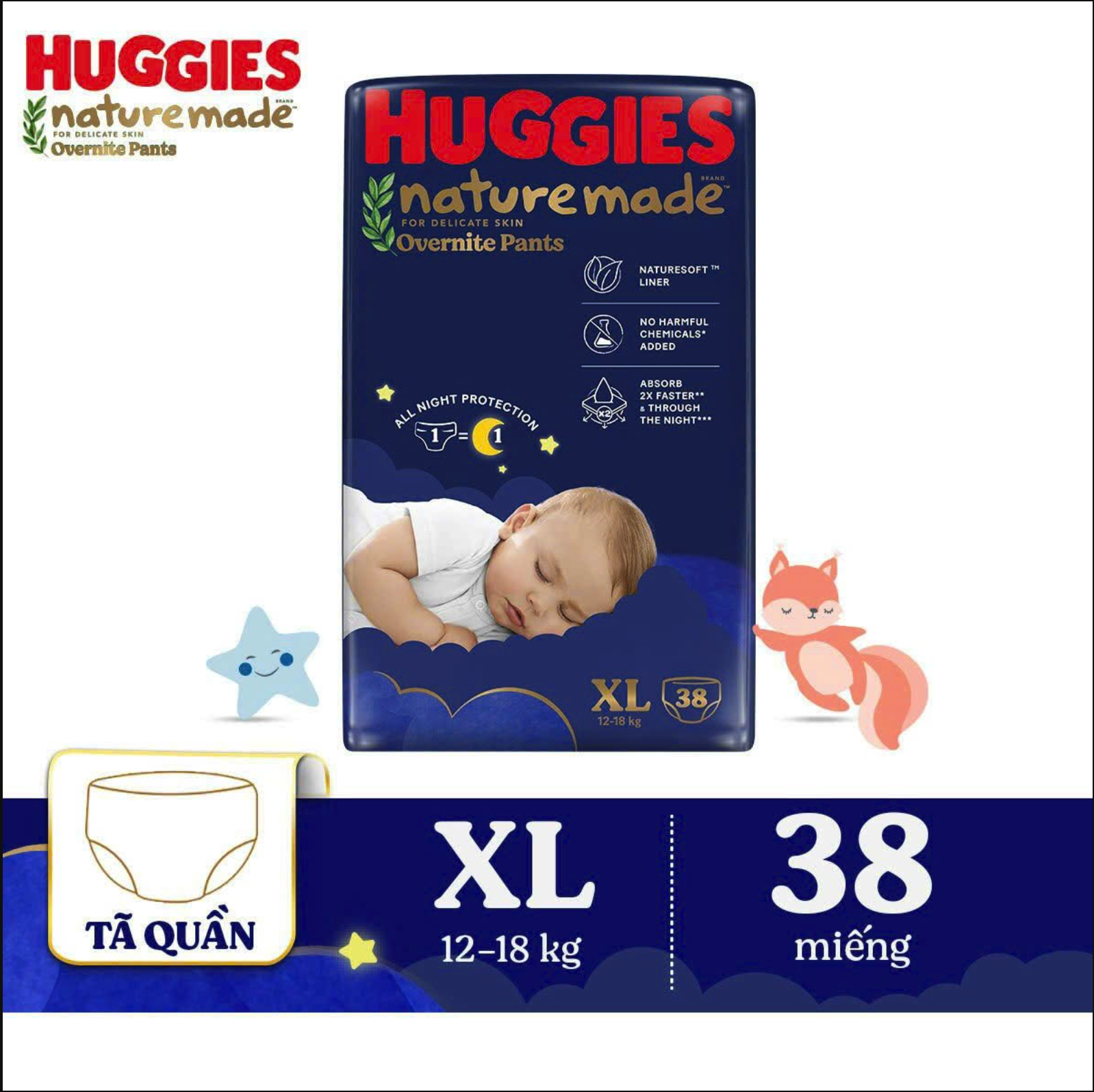 Tã bỉm quần Huggies Nature Made Overnight OVN đêm M L XL XXL