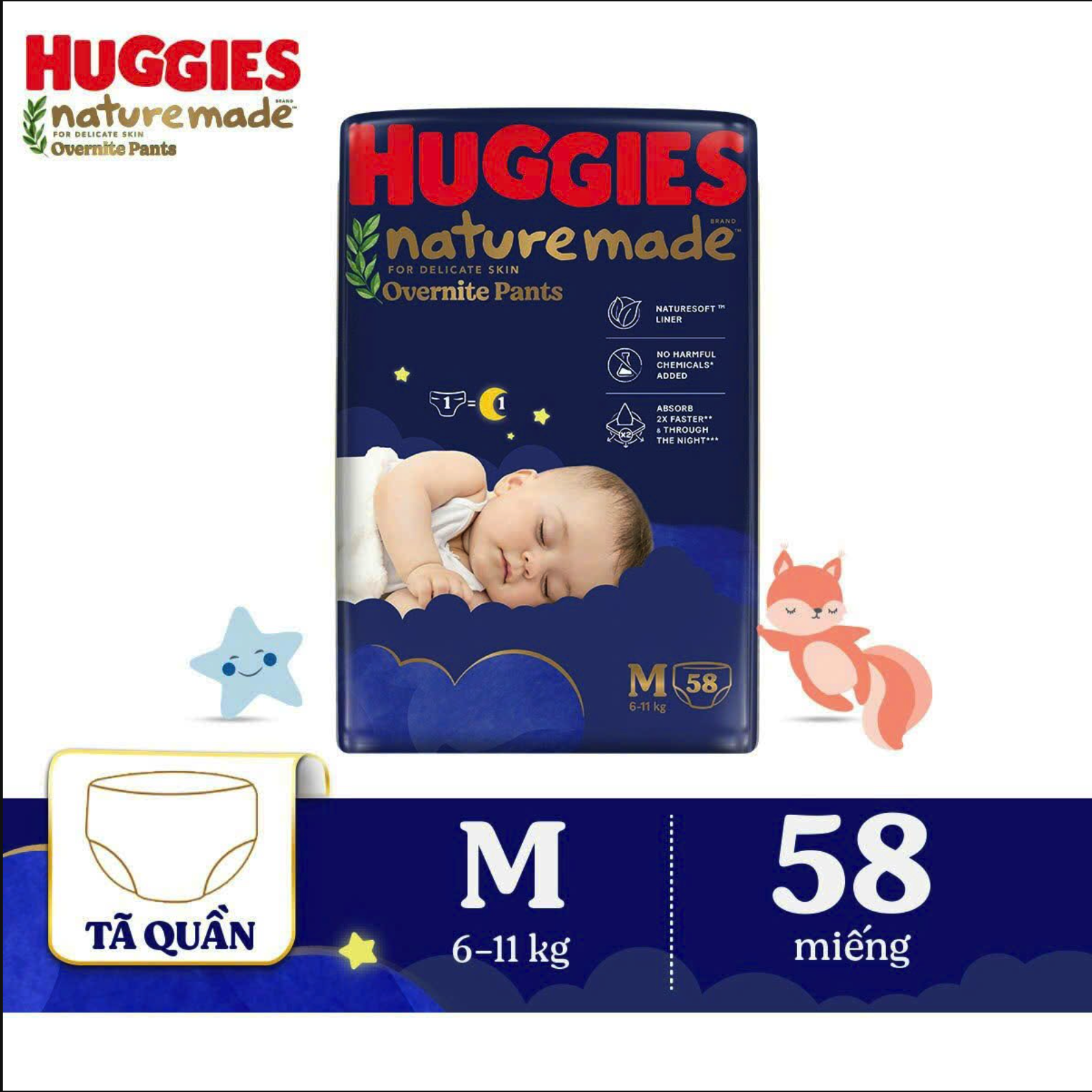 Tã bỉm quần Huggies Nature Made Overnight OVN đêm M L XL XXL