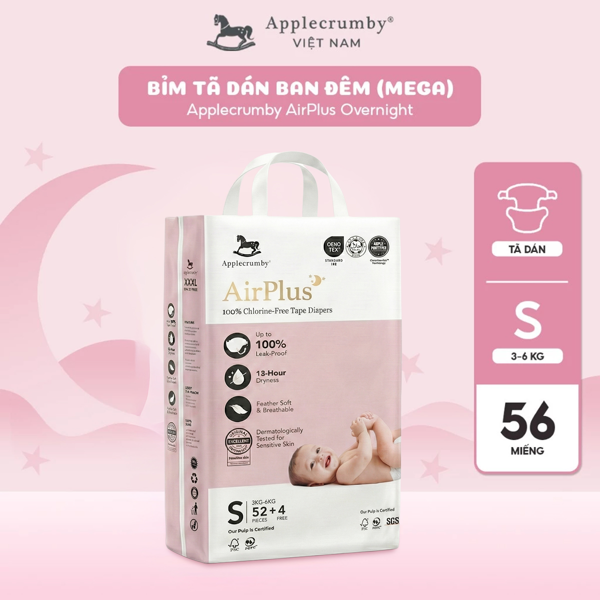 [ Miếng lẻ ]Tã / bỉm dán, quần Applecrumby Overnight ban đêm / ban ngày cho bé