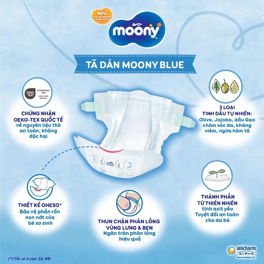 Tã / bỉm Moony Blue khô thoáng cho bé  NB / S / M / L / XL / XXL