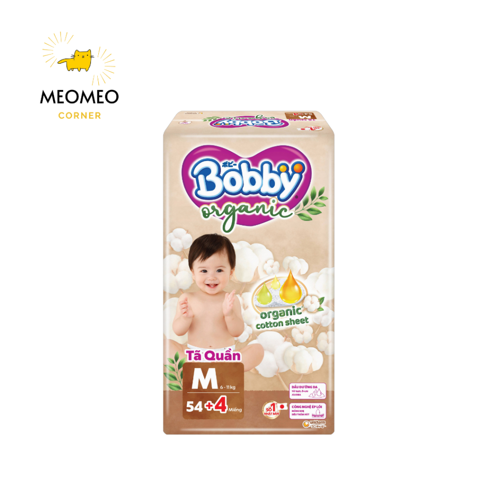 [CHÍNH HÃNG DIANA UNICHARM] Tã Quần Bobby Organic – Tặng Thêm 4 Miếng – Cotton Hữu Cơ, Thoáng Khí, Chống Tràn – Size M/L