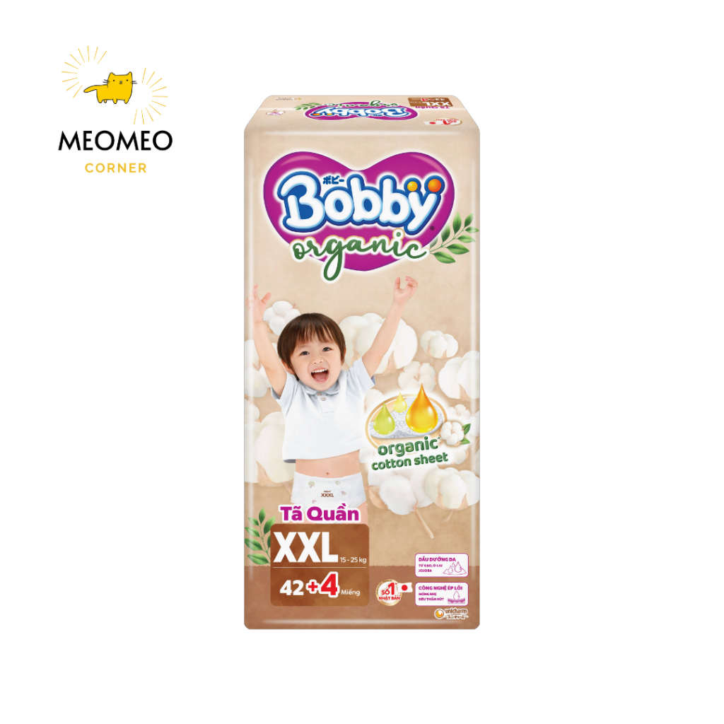 [CHÍNH HÃNG DIANA UNICHARM] Tã Quần Bobby Organic – Tặng Thêm 4 Miếng – Cotton Hữu Cơ, Thoáng Khí, Chống Tràn – Size M/L