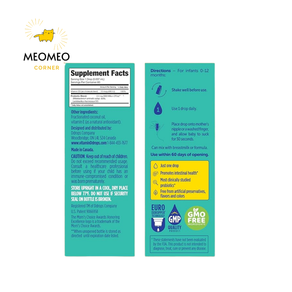 Men vi sinh kết hợp vitamin D3 dạng giọt DDrops cho bé DDrop Probiotics & D3 60 giọt