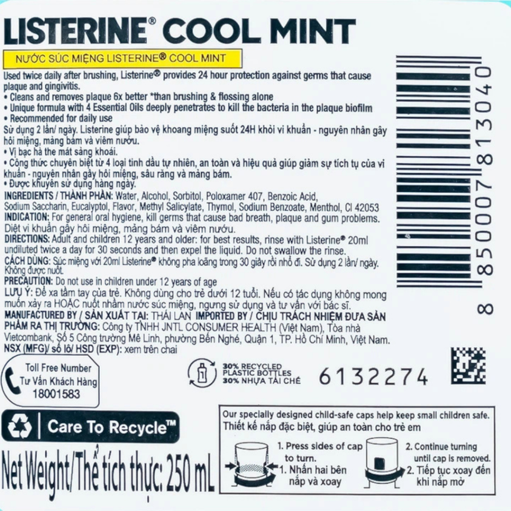Nước súc miệng Listerine Cool Mint 250ml