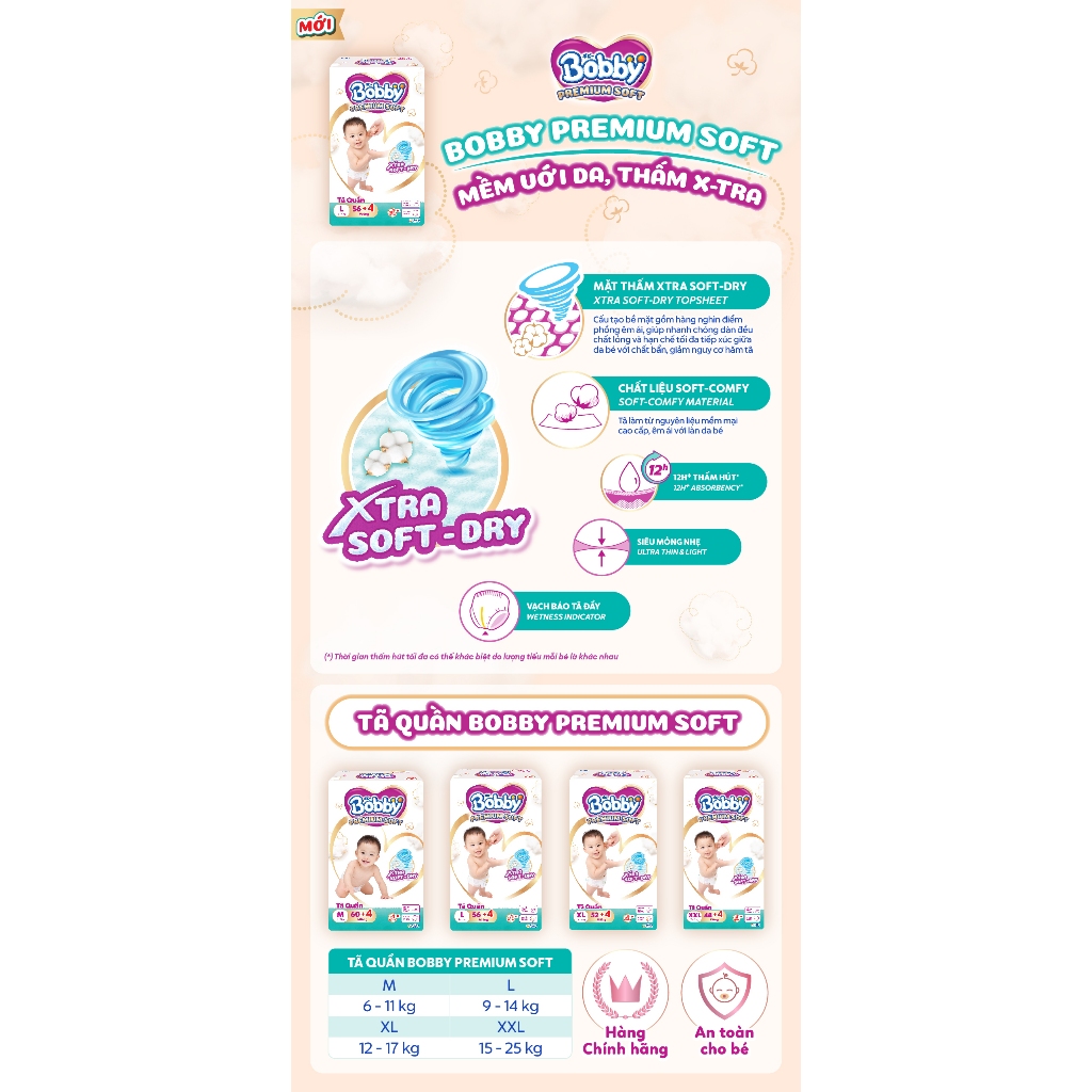 Tã Quần Bobby Premium SOFT bảo vệ êm ái khô thoáng đủ size M60/L56/XL52/XXL48