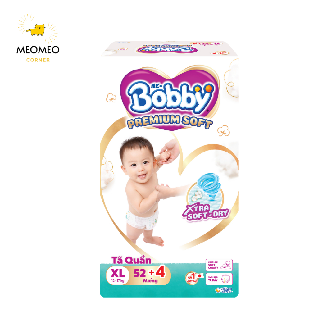 Tã Quần Bobby Premium SOFT bảo vệ êm ái khô thoáng đủ size M60/L56/XL52/XXL48