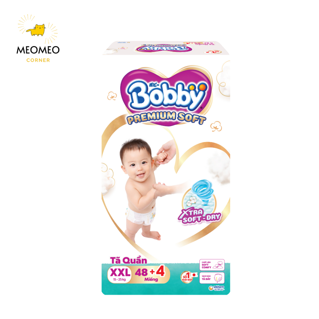 Tã Quần Bobby Premium SOFT bảo vệ êm ái khô thoáng đủ size M60/L56/XL52/XXL48