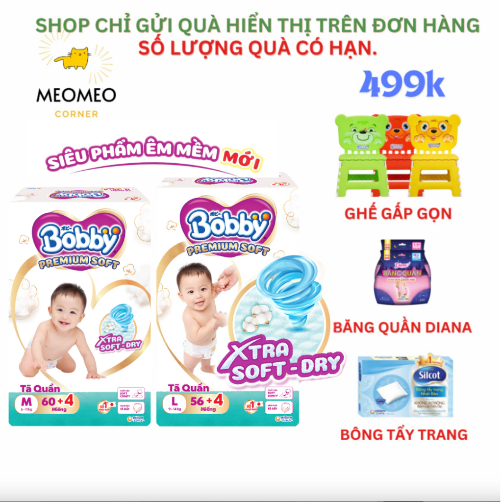 Tã Quần Bobby Premium SOFT bảo vệ êm ái khô thoáng đủ size M60/L56/XL52/XXL48