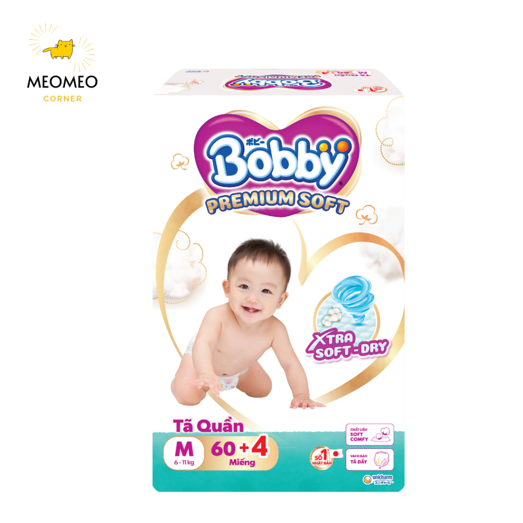 Tã Quần Bobby Premium SOFT bảo vệ êm ái khô thoáng đủ size M60/L56/XL52/XXL48