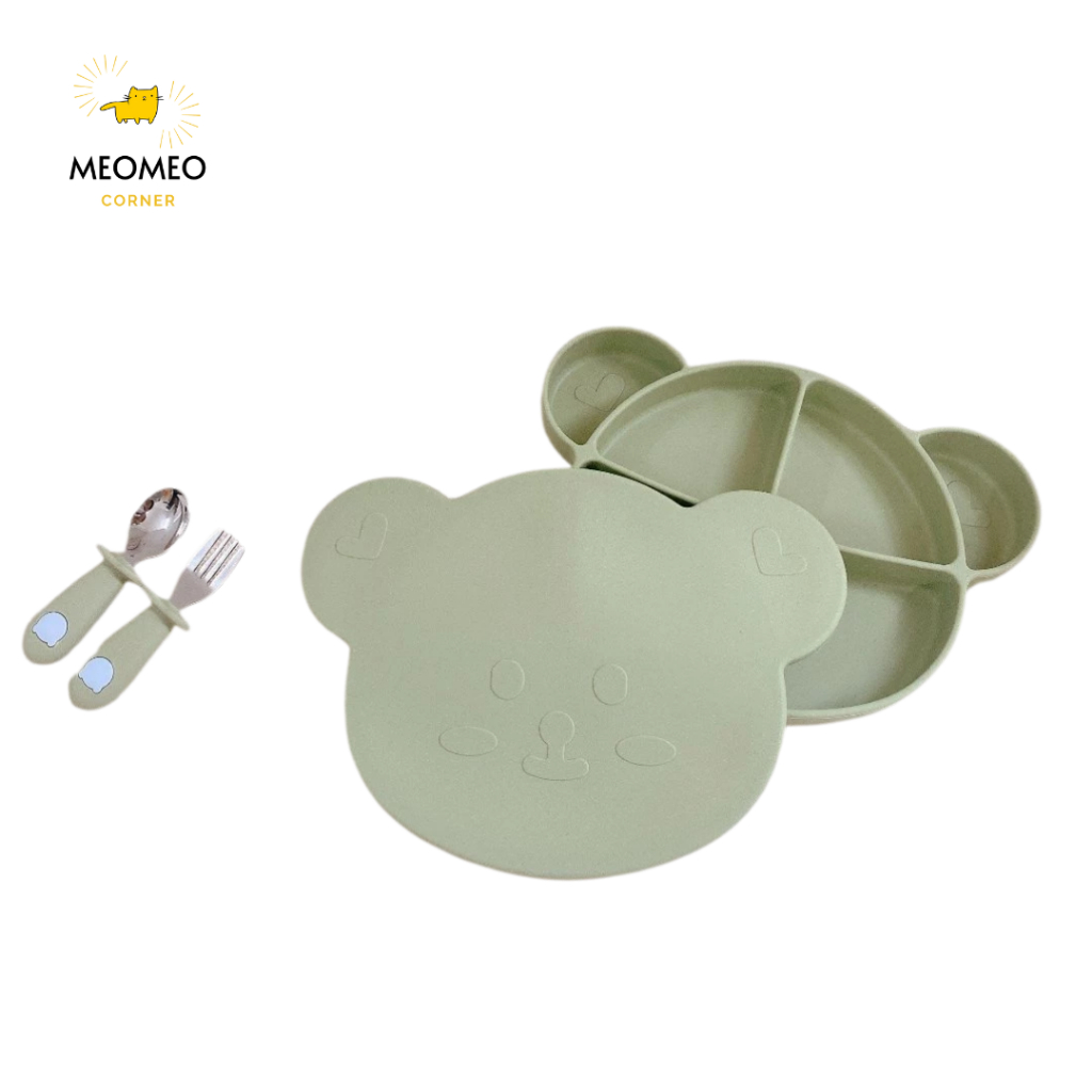 Khay ăn dặm cho bé hình gấu Barrot Kèm Nắp chất liệu Silicon chịu nhiệt