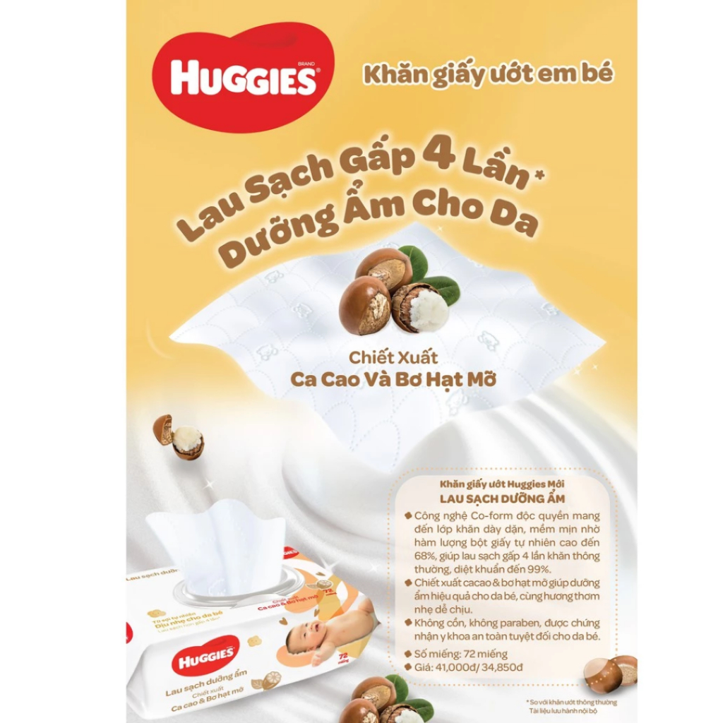 Khăn ướt Huggies Chiết Xuất Ca Cao và Bơ hạt mỡ (72 miếng/gói)