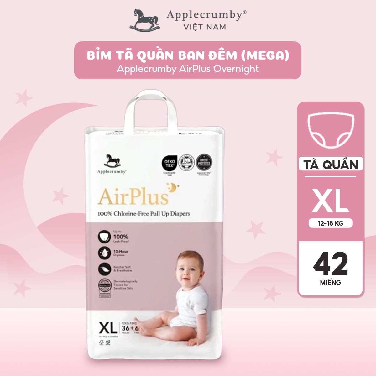 [ Miếng lẻ ]Tã / bỉm dán, quần Applecrumby Overnight ban đêm / ban ngày cho bé