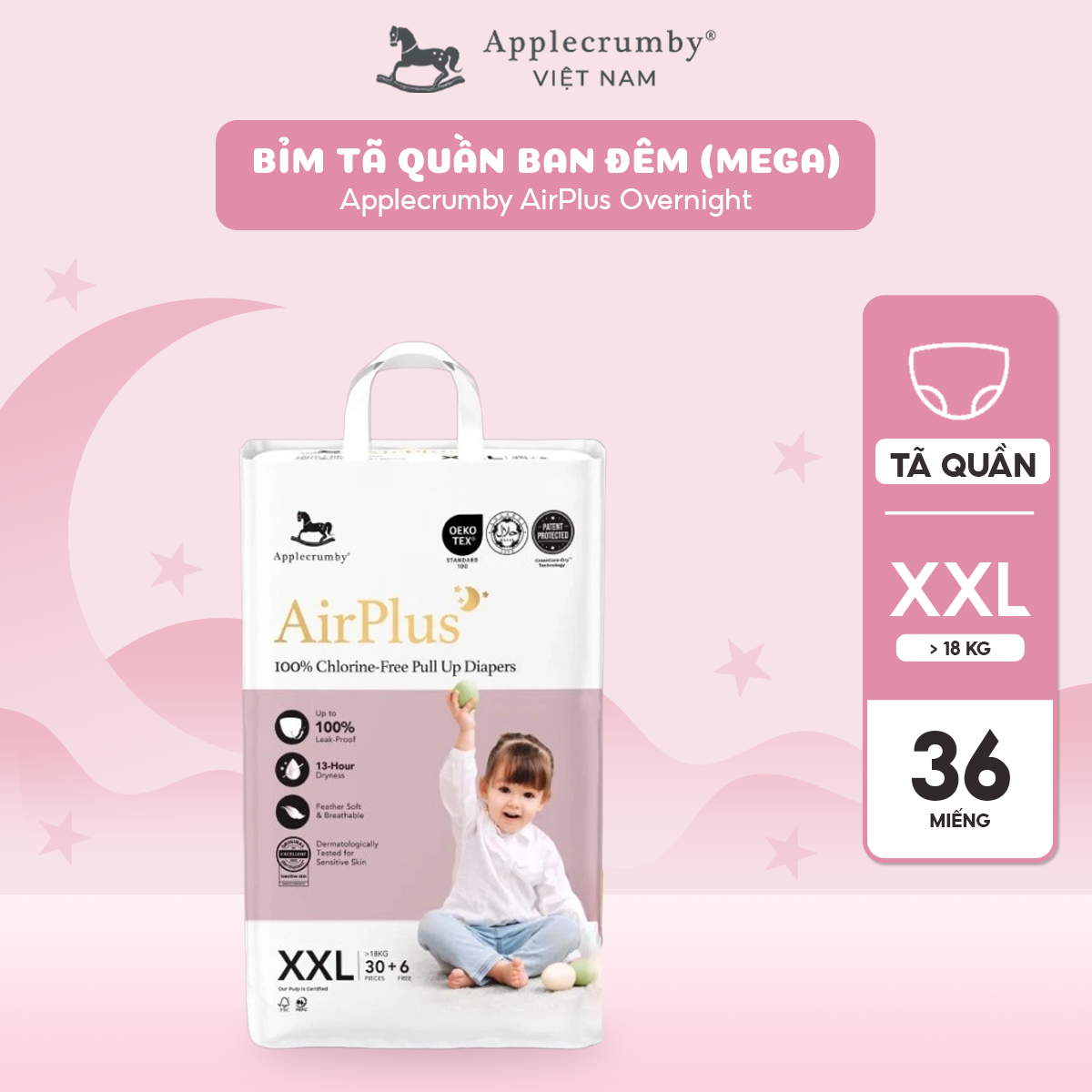 [ Miếng lẻ ]Tã / bỉm dán, quần Applecrumby Overnight ban đêm / ban ngày cho bé