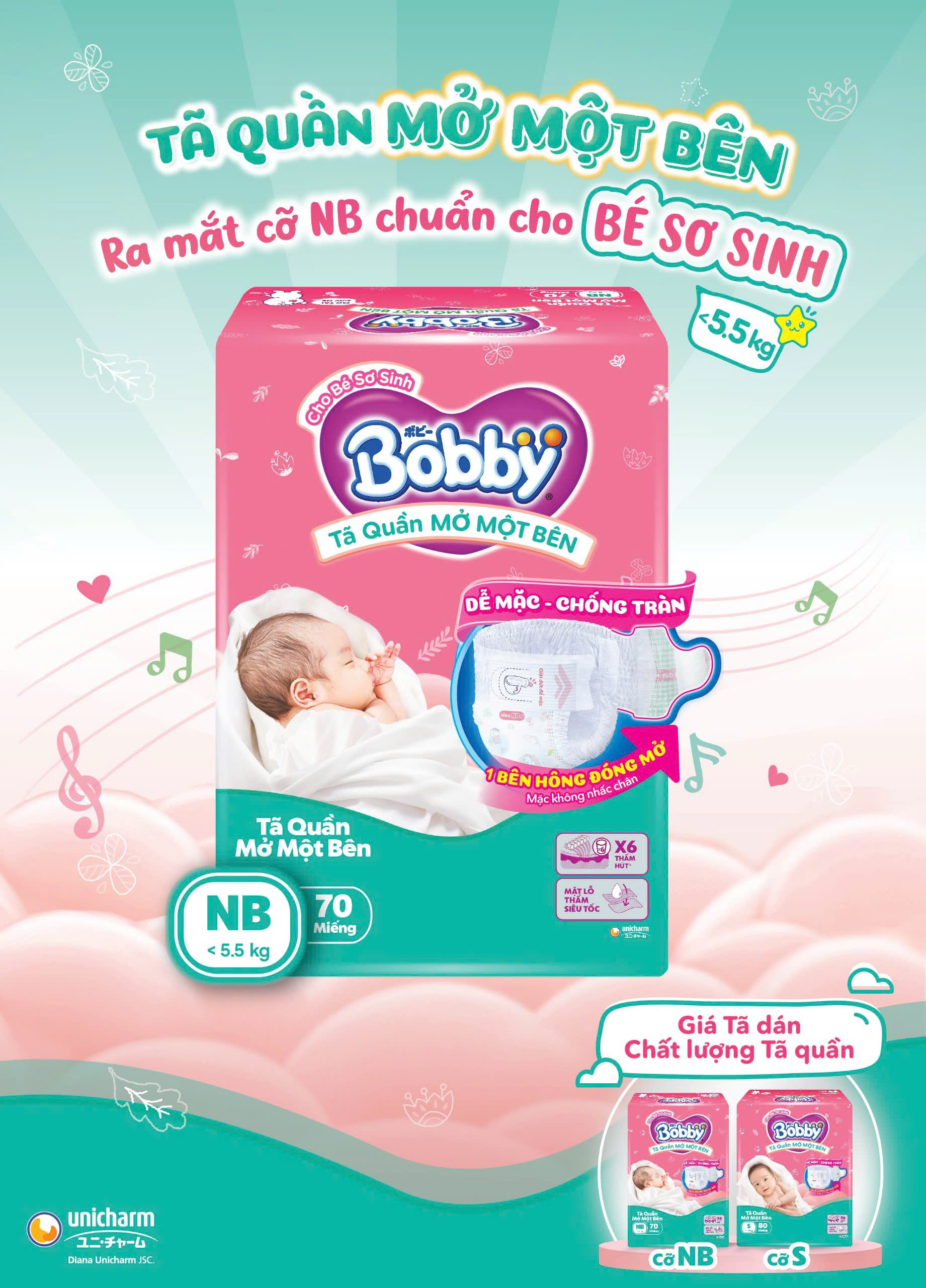 Tã / bỉm quần Mở Một Bên Bobby thiết kế dễ mặc cho bé sơ sinh NB S