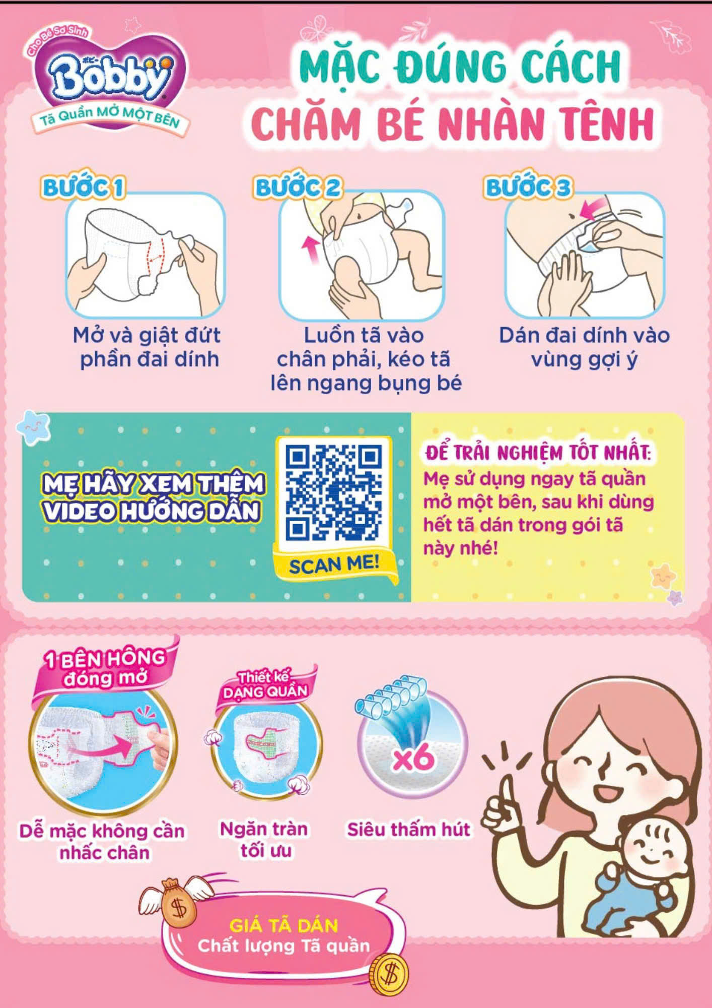 Tã / bỉm quần Mở Một Bên Bobby thiết kế dễ mặc cho bé sơ sinh NB S