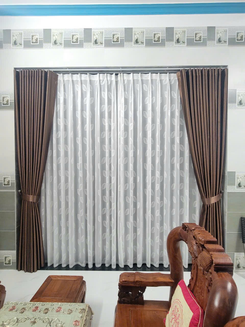 Rèm 2 Lớp Màu Nâu Đất + Voal Trắng