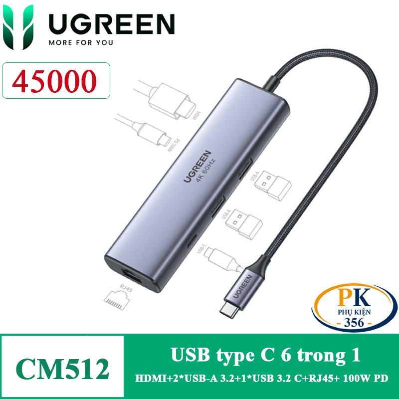 Ugreen 45000 Type C to HDMI RJ45 USB hub 6 trong 1