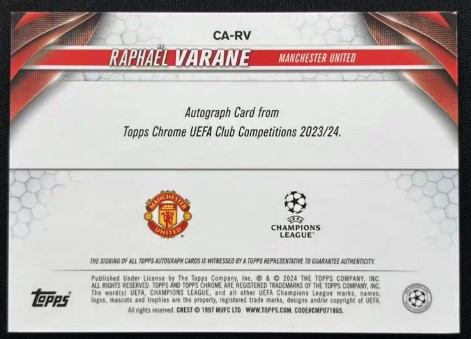 TOPPS VARANE MANCHESTER UNITED MU AUTO LAVA TLO
