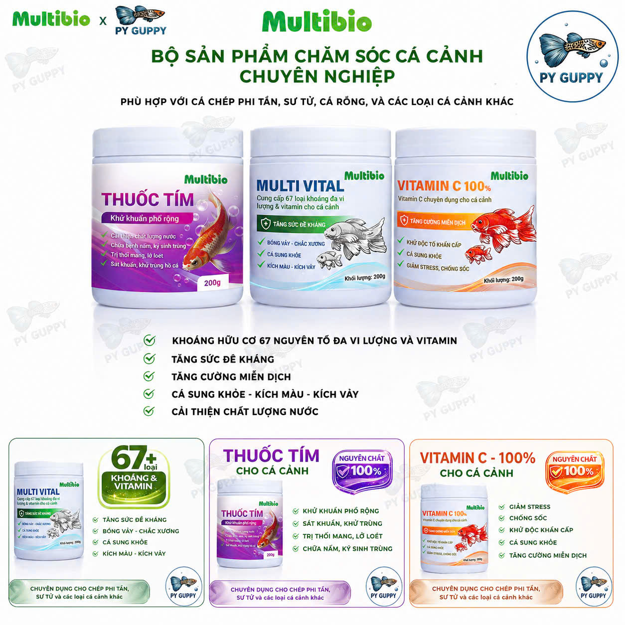 🐠 BỘ SẢN PHẨM CHĂM SÓC CÁ CẢNH CHUYÊN NGHIỆP MULTIBIO - TH UỐC TÍM - KHOÁNG MULTI VITAL - VITAMIN C🐠