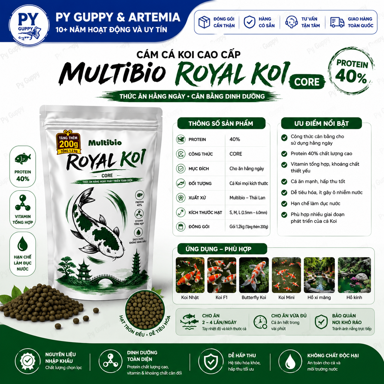 Cám Cá Koi Multibio Royal Koi Core | Force | Vivid 40-45% Đạm - Thức Ăn Cao Cấp Cho Cá Koi Hằng Ngày & Kích Màu