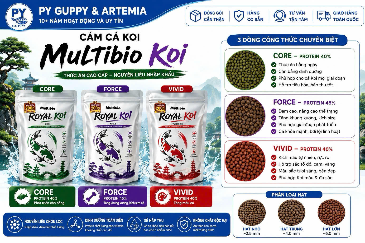 Cám Cá Koi Multibio Royal Koi Core | Force | Vivid 40-45% Đạm - Thức Ăn Cao Cấp Cho Cá Koi Hằng Ngày & Kích Màu