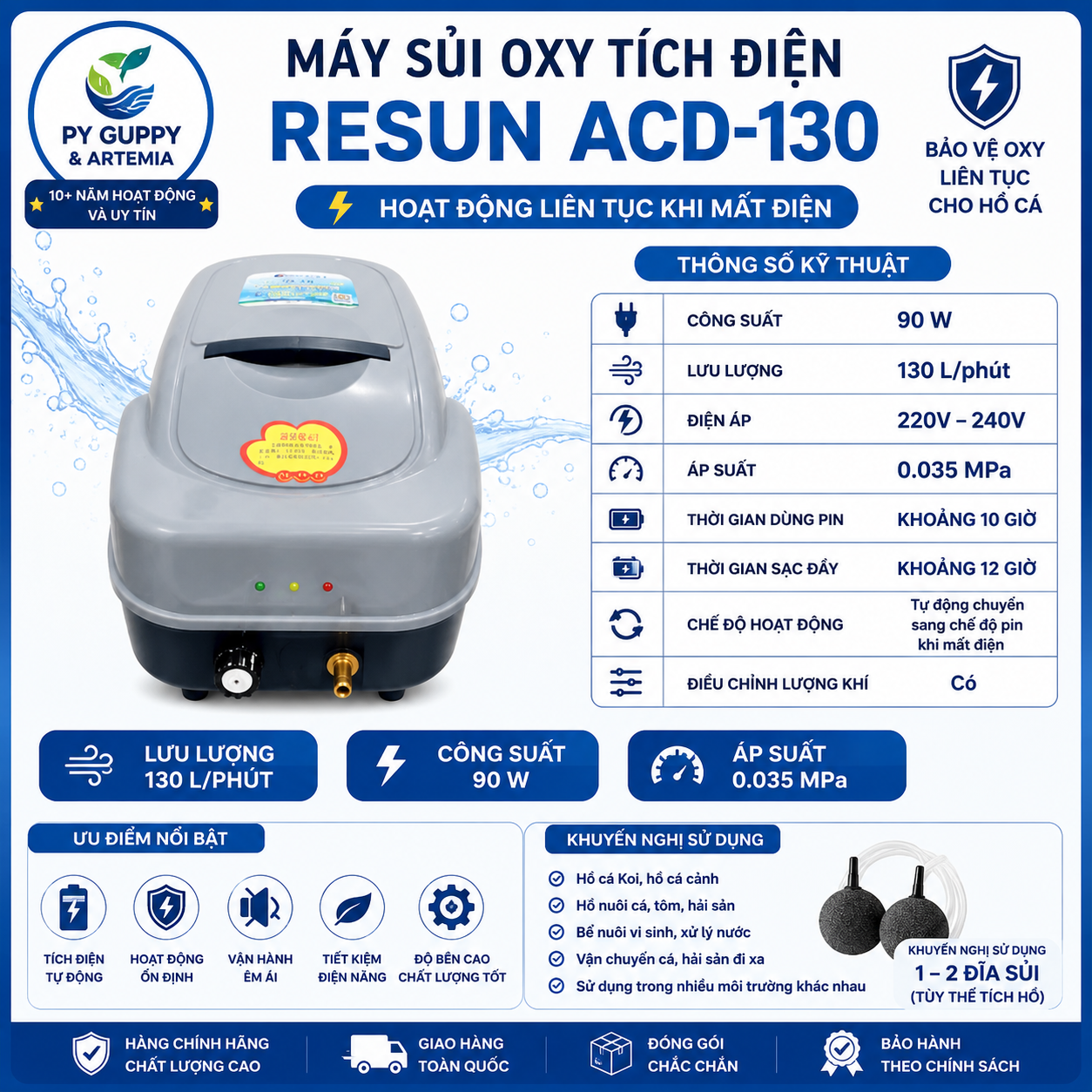 Máy Sủi Oxy Tích Điện Resun ACD 30 | ACD 80 | ACD 130 – Tự Động Chuyển Sang Pin Khi Mất Điện