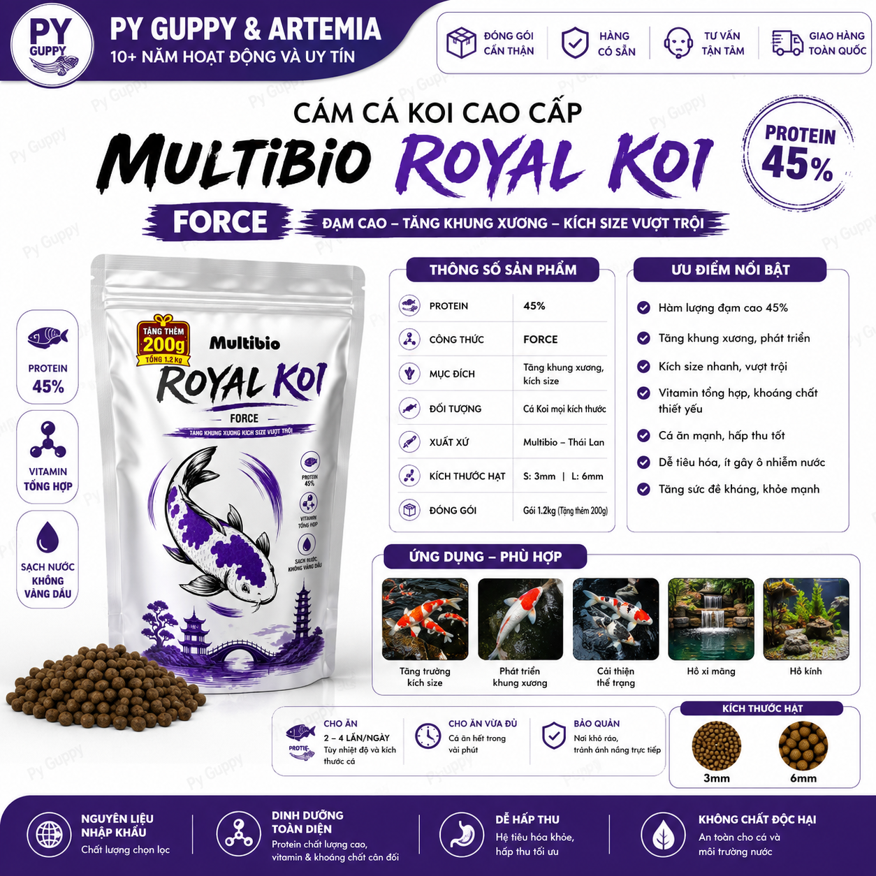 Cám Cá Koi Multibio Royal Koi Core | Force | Vivid 40-45% Đạm - Thức Ăn Cao Cấp Cho Cá Koi Hằng Ngày & Kích Màu