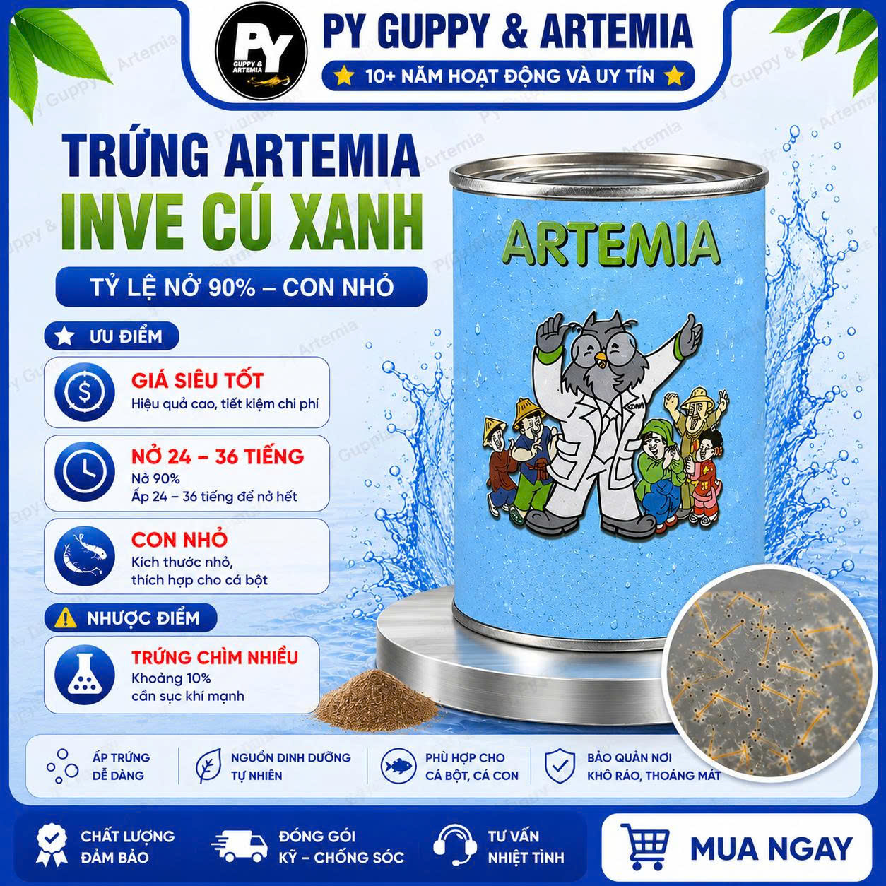 Trứng Artemia mỹ INVE cú xanh 2 * Sao( TLN 85% )