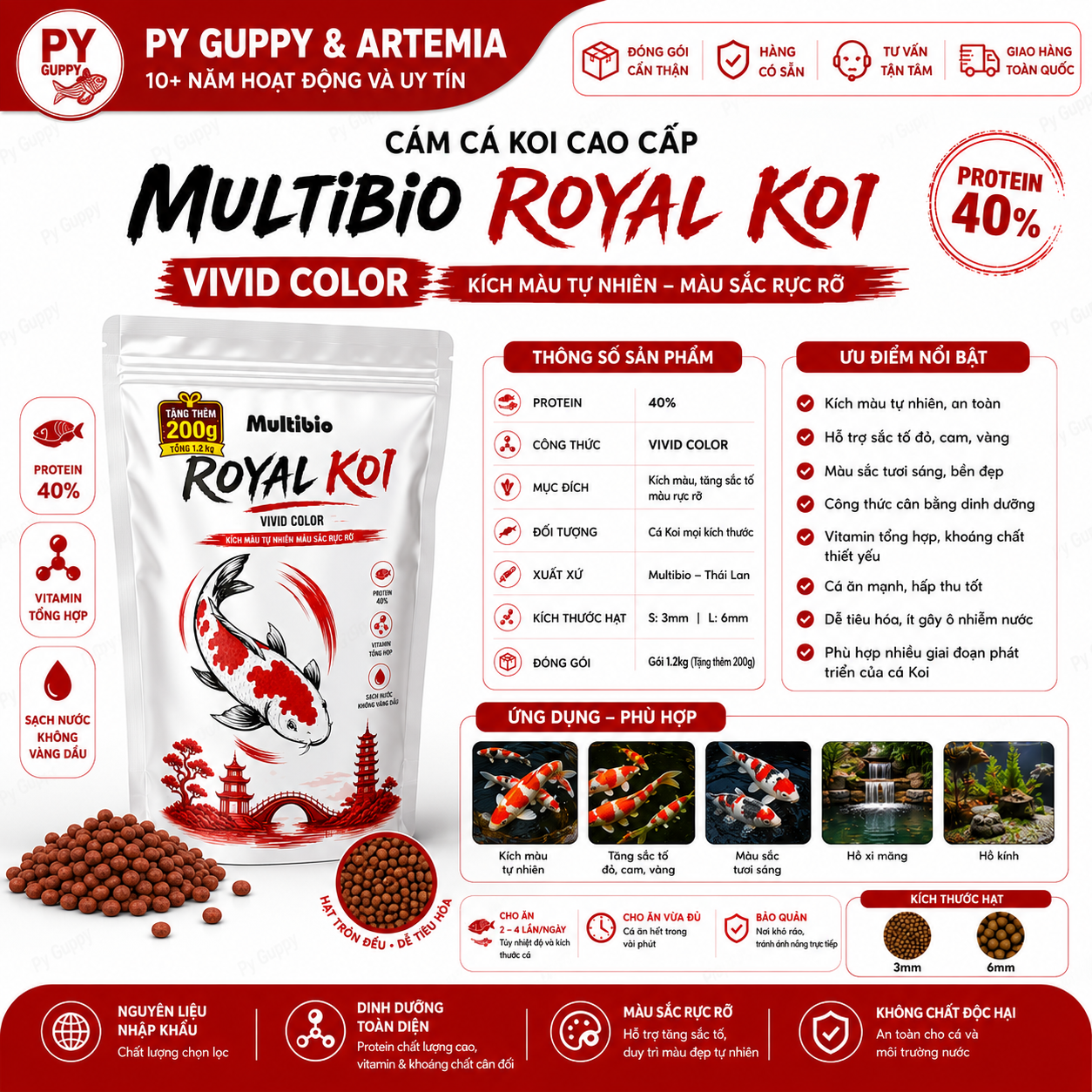 Cám Cá Koi Multibio Royal Koi Core | Force | Vivid 40-45% Đạm - Thức Ăn Cao Cấp Cho Cá Koi Hằng Ngày & Kích Màu