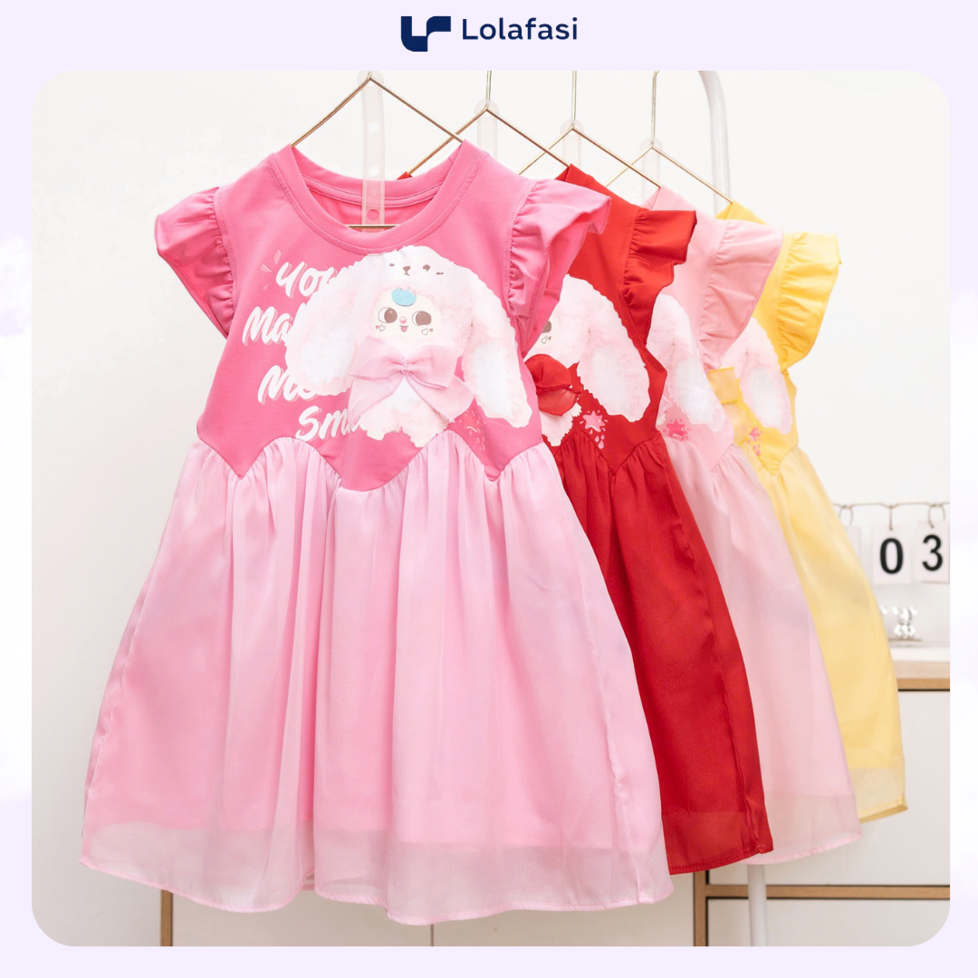 Đầm Baby Three đính nơ lai ren lượn chất liệu thun cotton cho bé gái từ 9kg đến 36kg, Lolafasi Shop