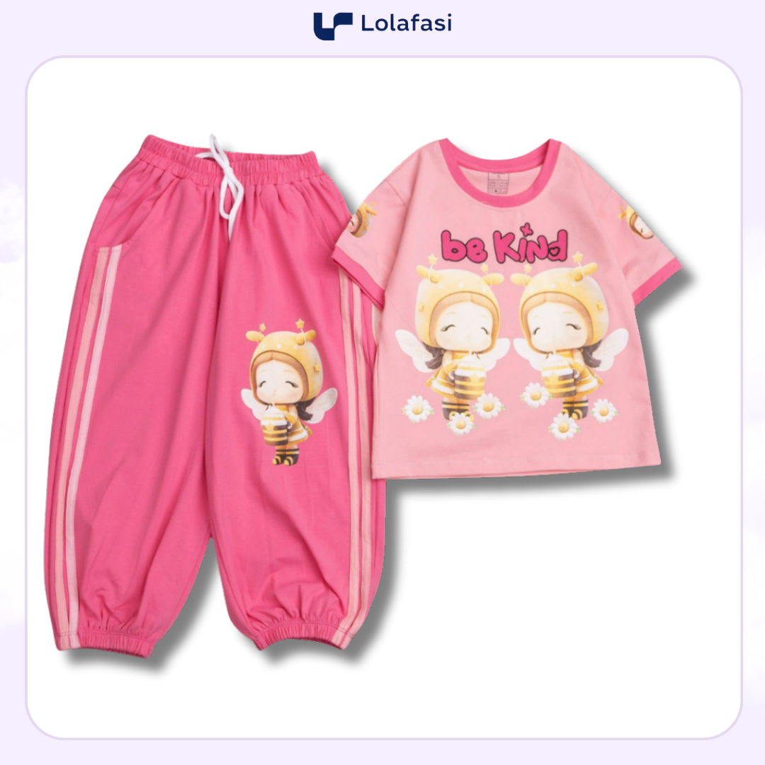 Bộ Thun Bé Gái, Bộ Cotton Bé Gái Áo Tay Ngắn Quần Ngố Dây Dệt Bé Ong Be Kind Hoa Cúc, 13kg Đến 36kg, Lolafasi Shop