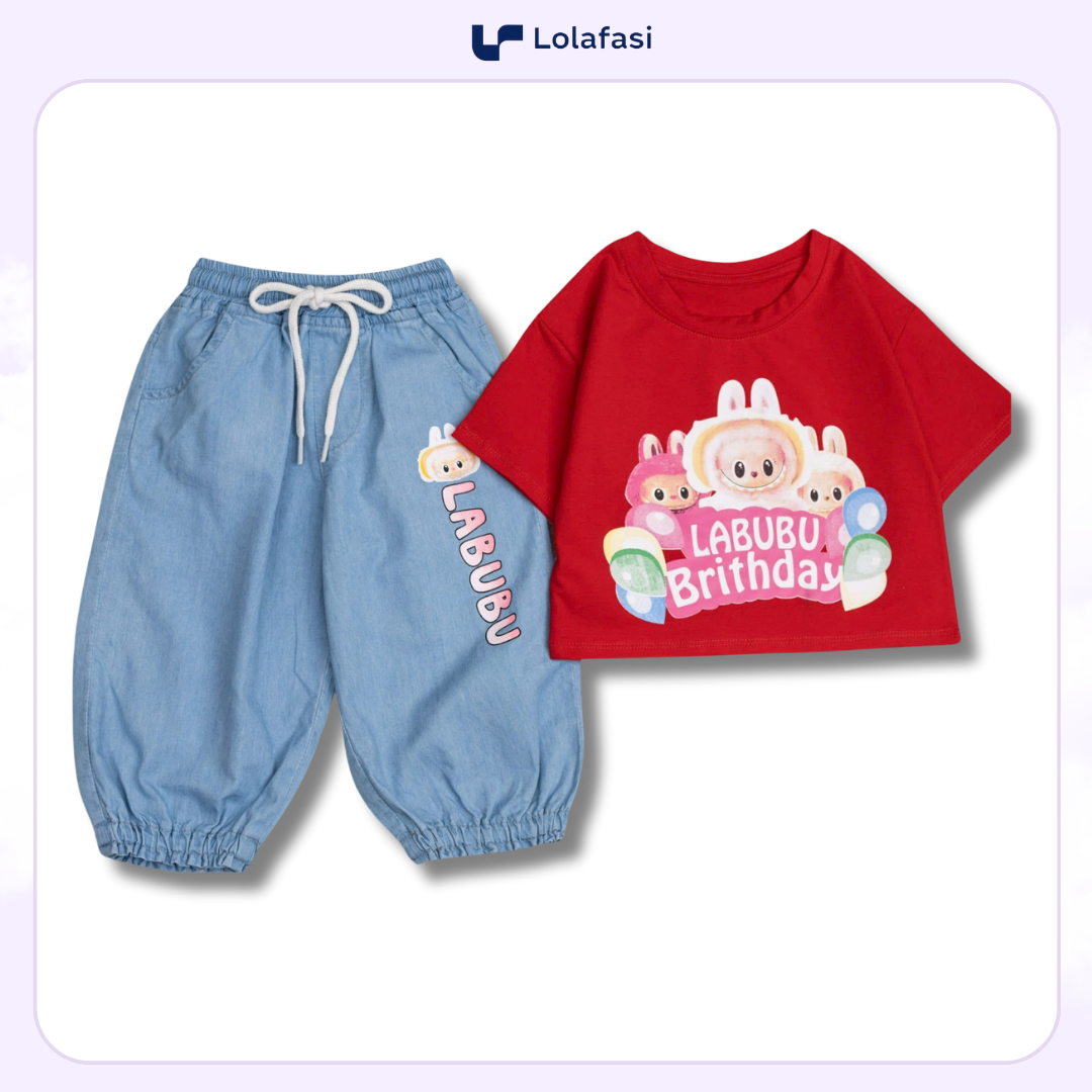 Bộ Labubu Bé Gái, Áo Thun Cotton Phối Quần Jean Labubu Cho Bé Gái 09 Kg Đến 24 Kg, Lolafasi Shop