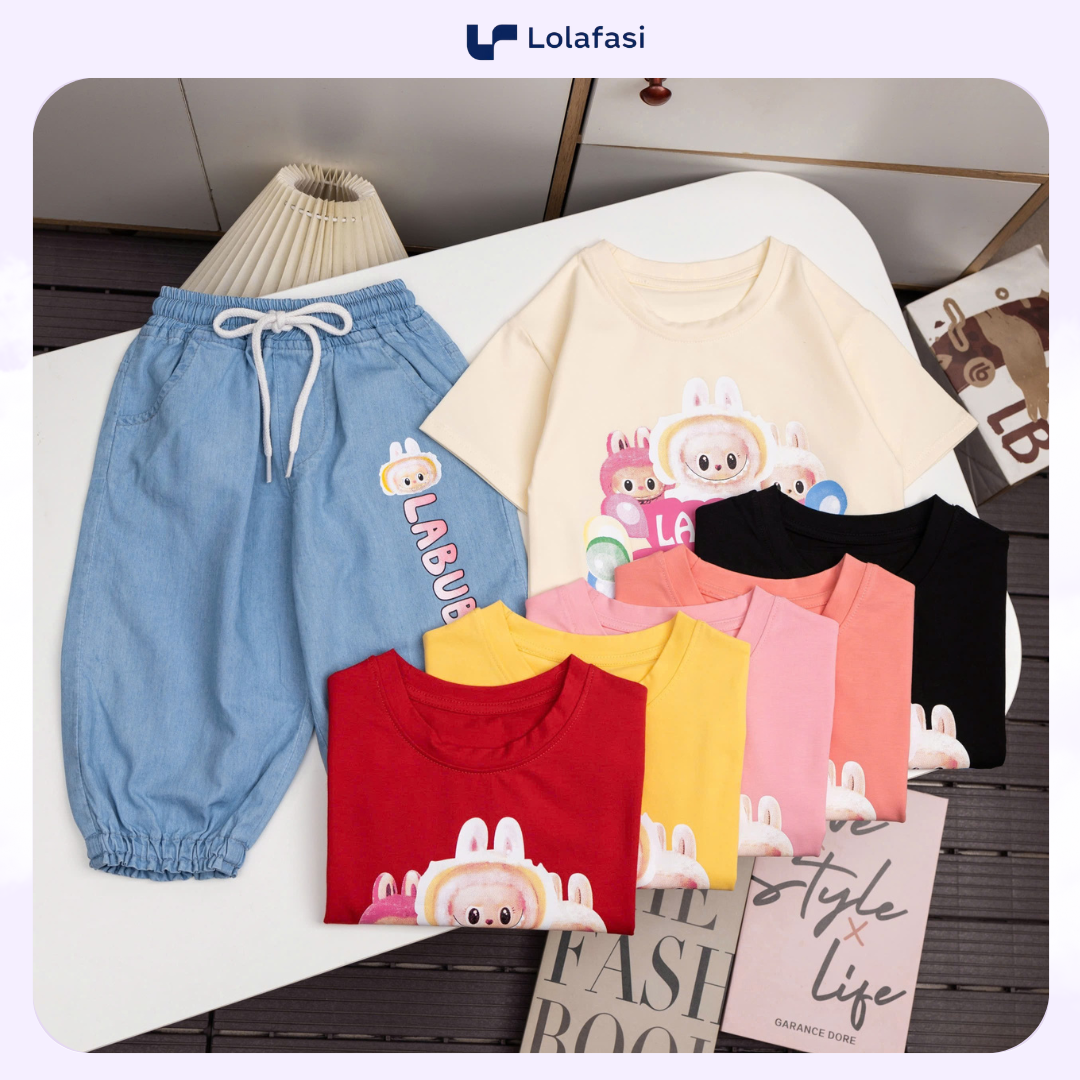 Bộ Labubu Bé Gái, Áo Thun Cotton Phối Quần Jean Labubu Cho Bé Gái 09 Kg Đến 24 Kg, Lolafasi Shop